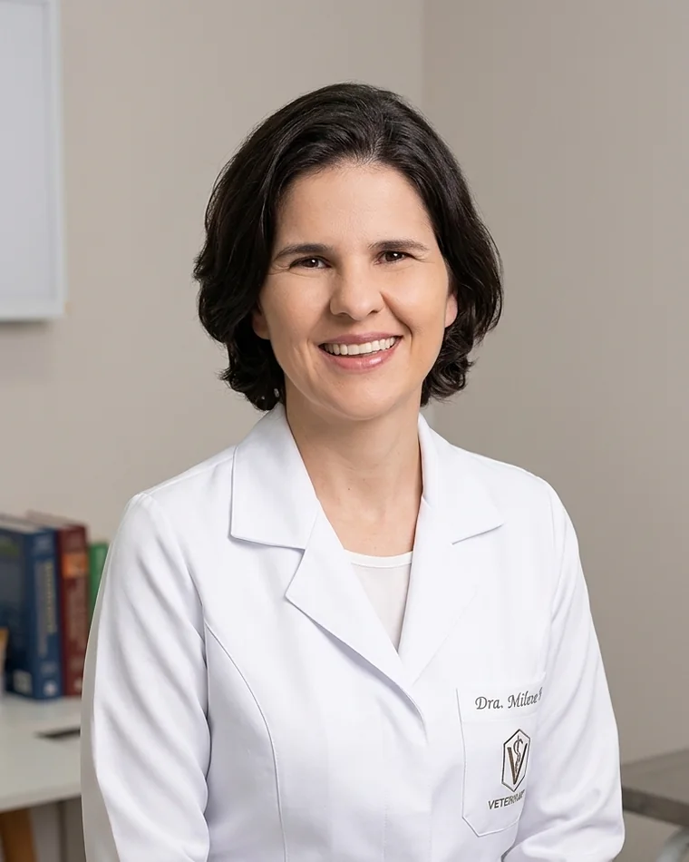 Dra. Milene Bonatti, veterinária especialista em gatos, com uma paciente felina no colo